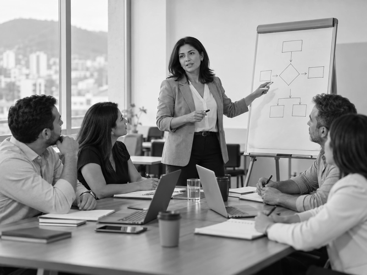 Instructora explica un esquema de procesos a un grupo de profesionales.