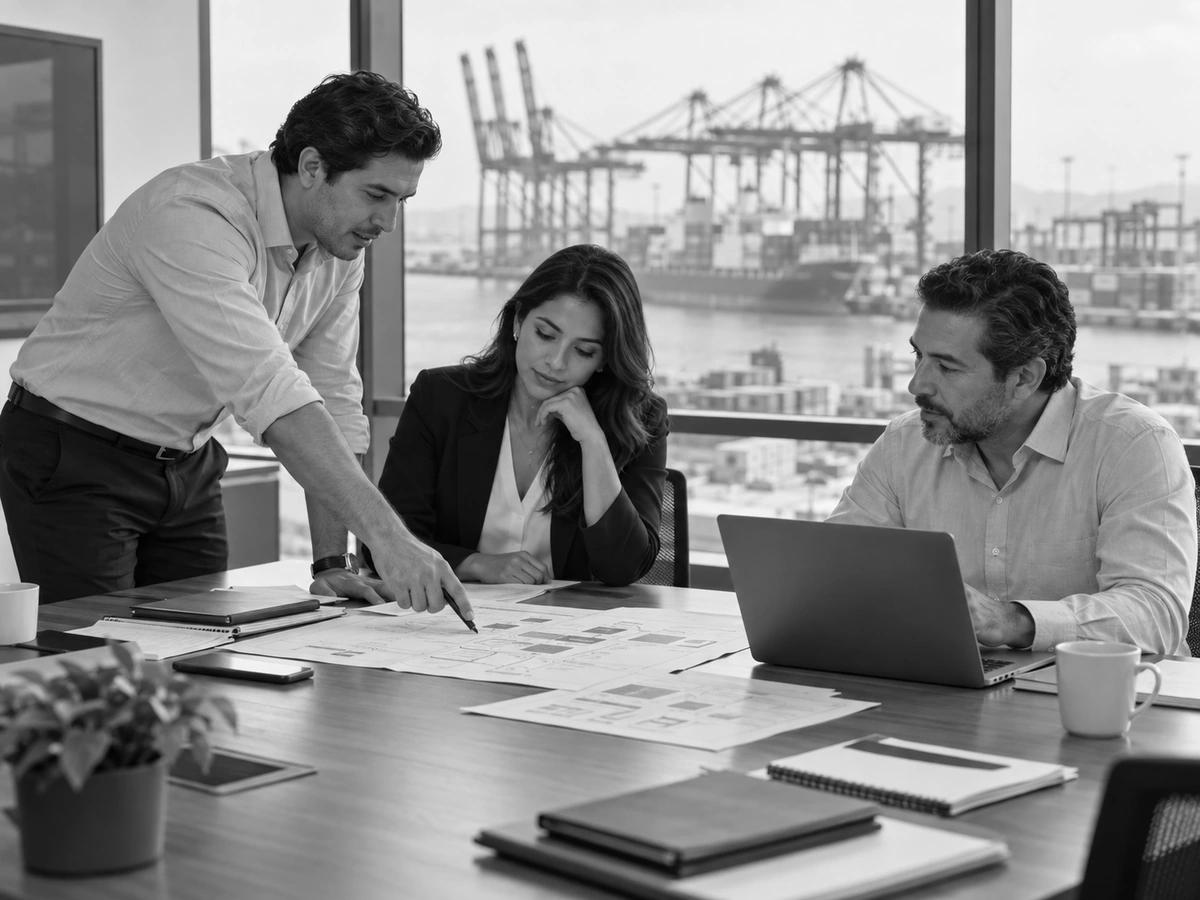 Equipo empresarial revisa un plan en una oficina con un puerto al fondo.