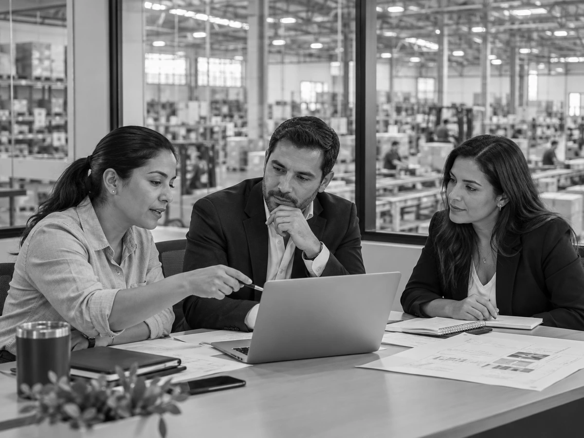 Equipo empresarial revisa un plan en una oficina junto a una operación industrial.