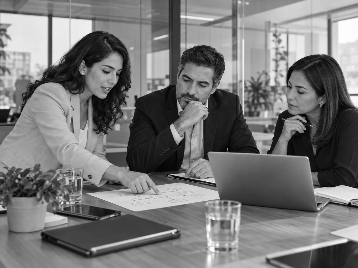 Tres profesionales revisan procesos y documentación en una sesión de consultoría.