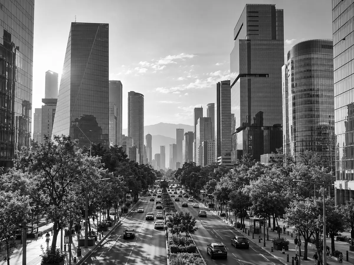 Vista urbana con edificios corporativos y una avenida arbolada.